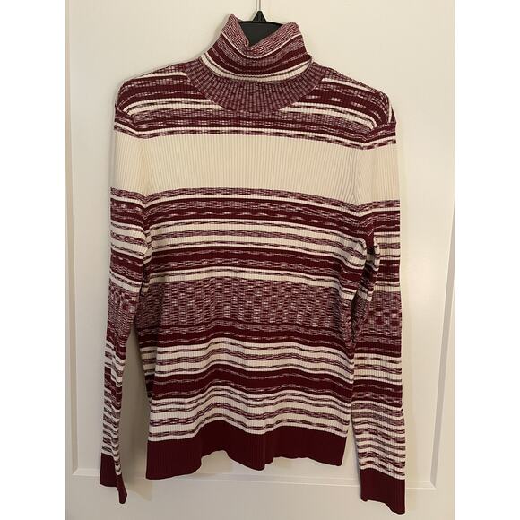 Tory Burch Women's JULIE Burgundy Red Striped Turtleneck Sweater Size XL - Picture 1 of 5